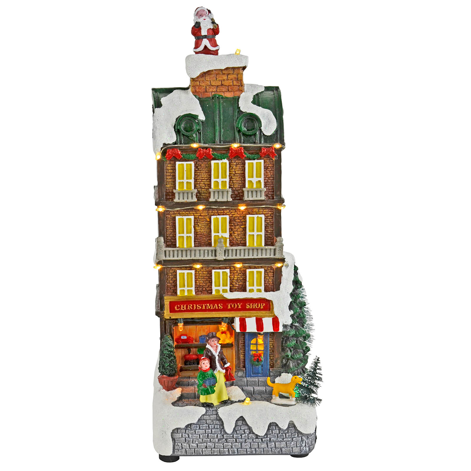 Christmas toy shop snow scene ornament with LED lights and Santa in the chimney